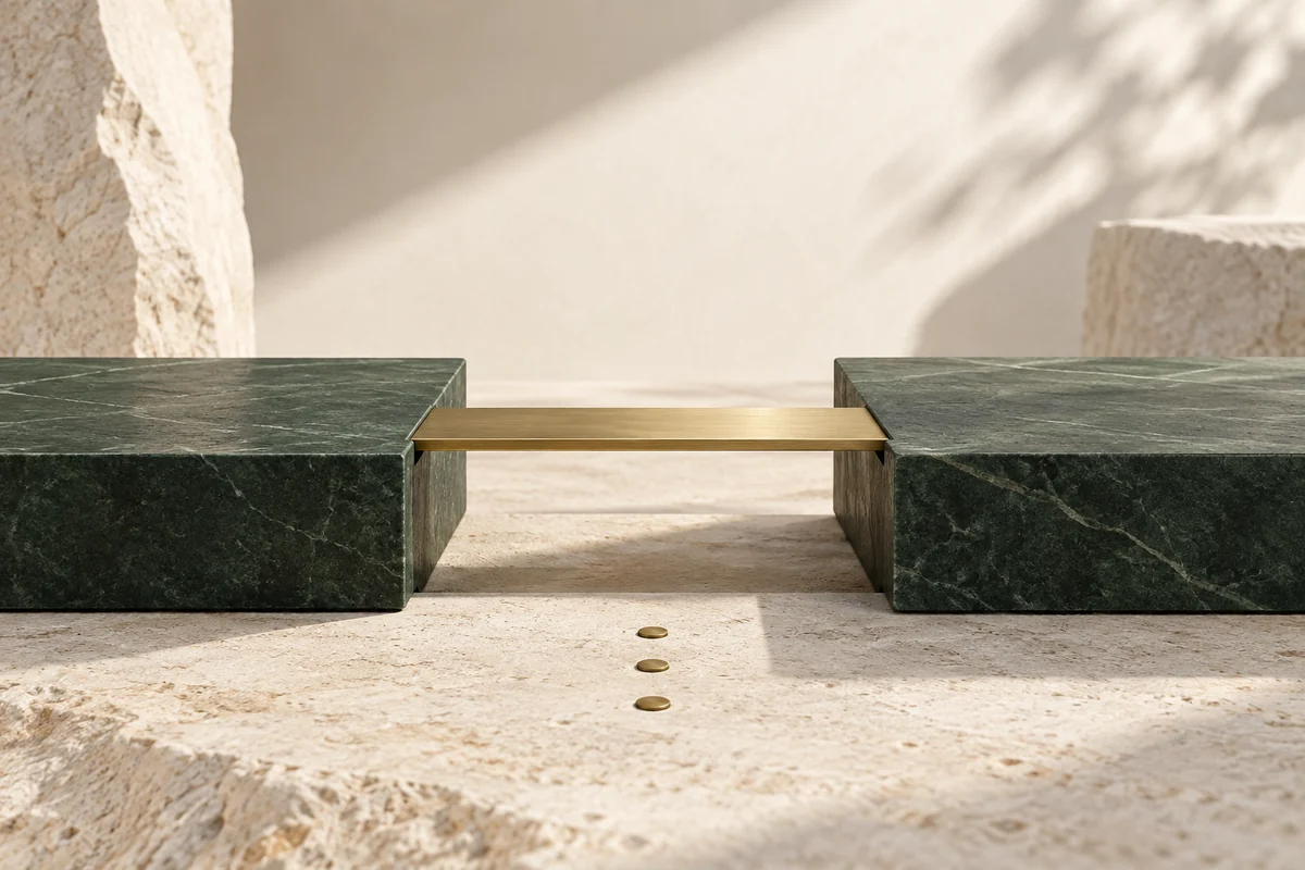 A brass bridge between forest-green stone platforms, illustrating a measured transition to Claude Opus 5.5.
