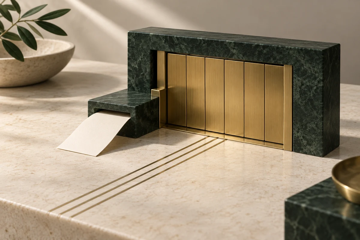 A closed brass gate in dark green stone with a blank paper slip emerging beside it.