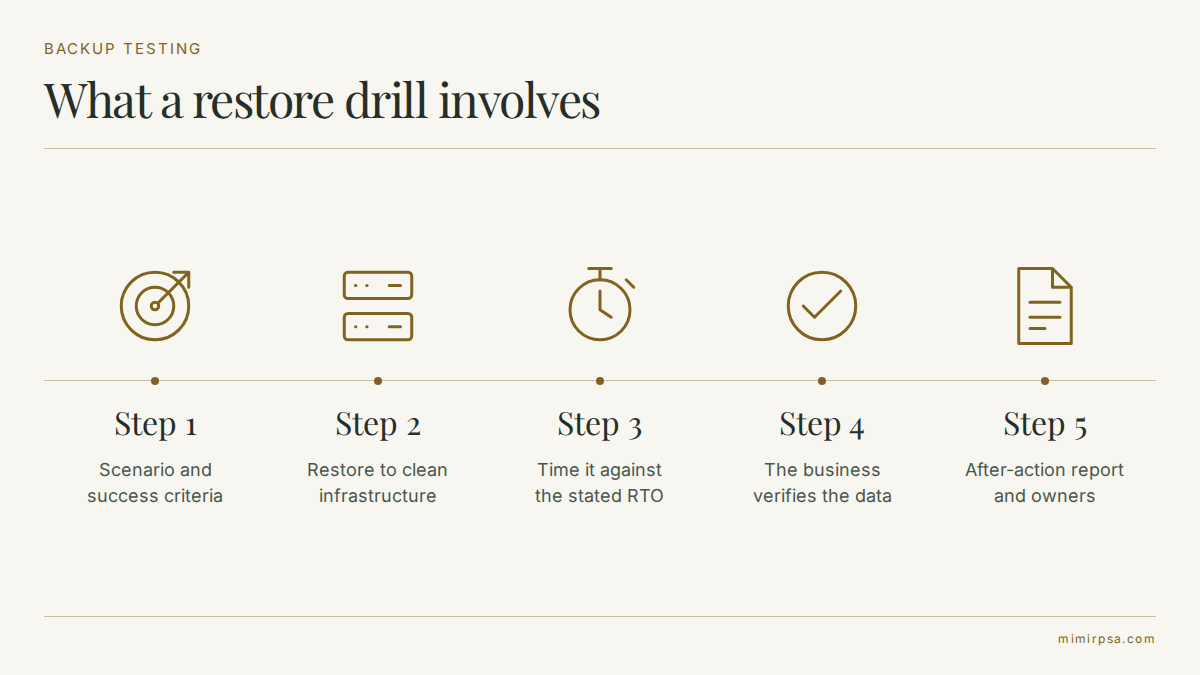 The five steps of a restore drill: choose a scenario with success criteria, restore to clean infrastructure, time it against the stated RTO, have the business verify the data, write the after-action report