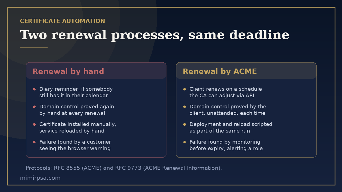 Manual certificate renewal compared with ACME automation, step by step, showing which steps still require a person and which run unattended