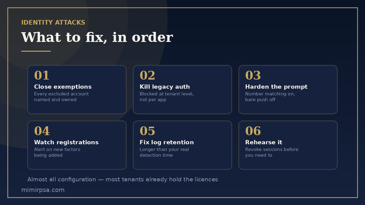 The six-step response order for identity attacks: close exemptions, kill legacy auth, harden the prompt, watch registrations, fix logging, rehearse