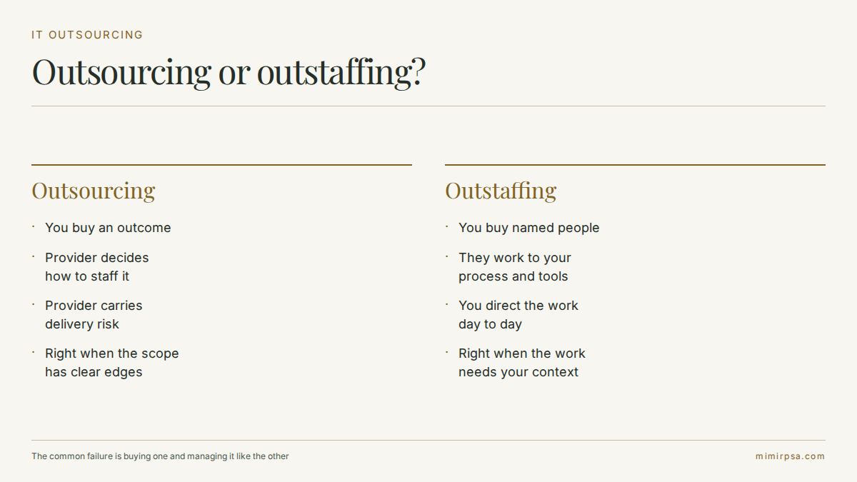Comparison of IT outsourcing versus outstaffing: buying an outcome against buying named people