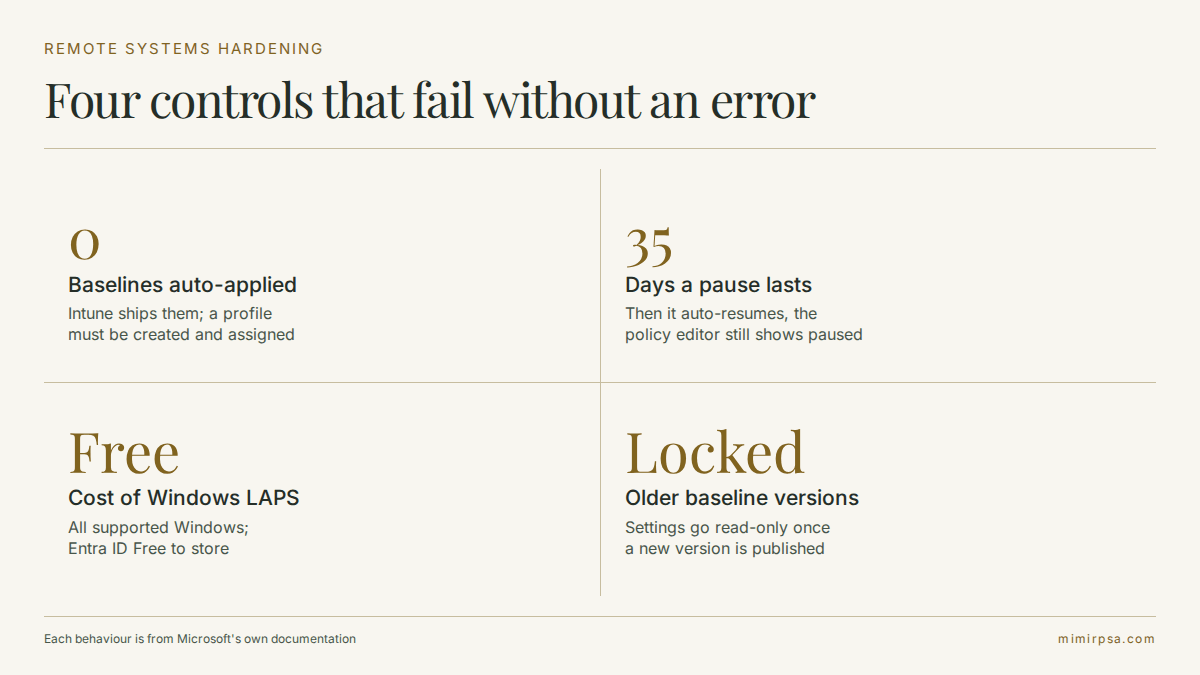 Remote systems hardening: four controls that fail silently across a distributed fleet, with the documented behaviour of each