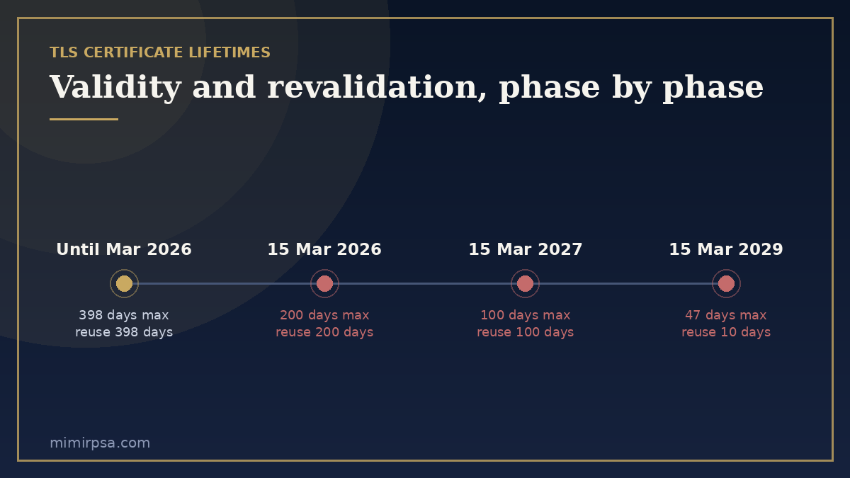 Timeline of falling TLS certificate lifetimes under the CA/Browser Forum schedule: 398 days until March 2026, then 200 days, then 100 days from March 2027 and 47 days from March 2029