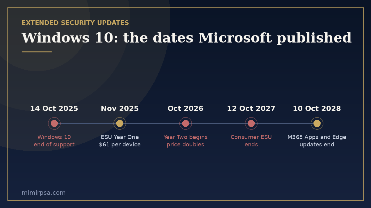 Windows 10 lifecycle timeline from end of support on 14 October 2025 through to Microsoft 365 Apps and Edge updates ending in October 2028