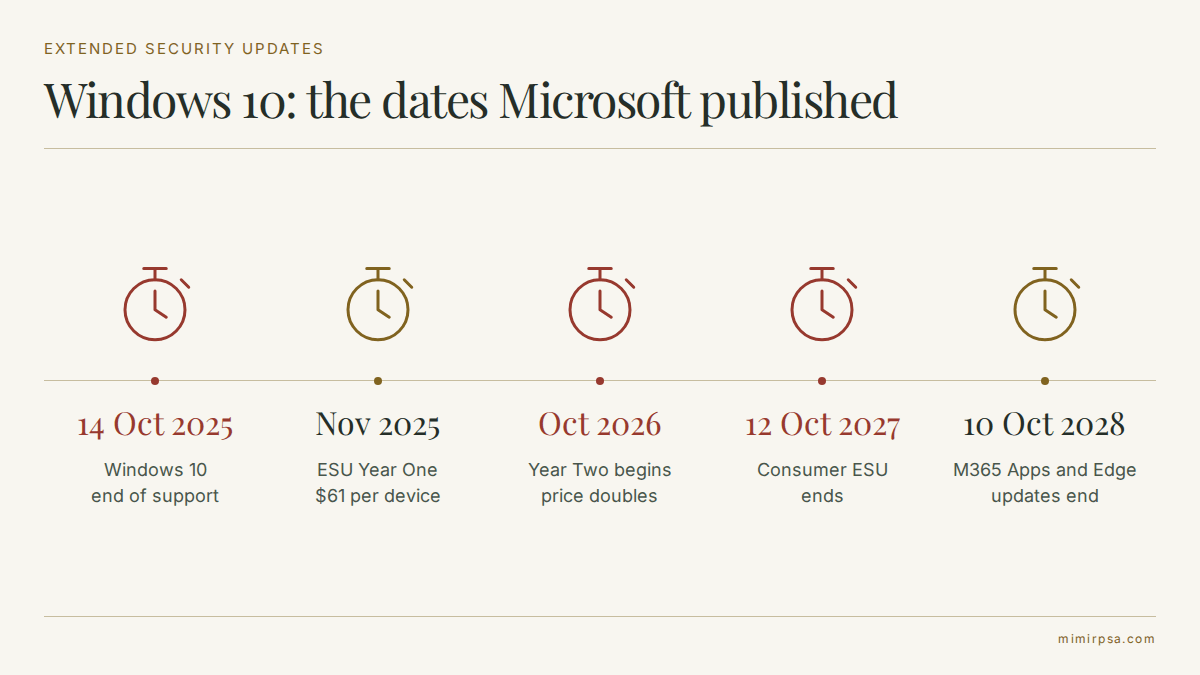 Windows 10 lifecycle timeline from end of support on 14 October 2025 through to Microsoft 365 Apps and Edge updates ending in October 2028