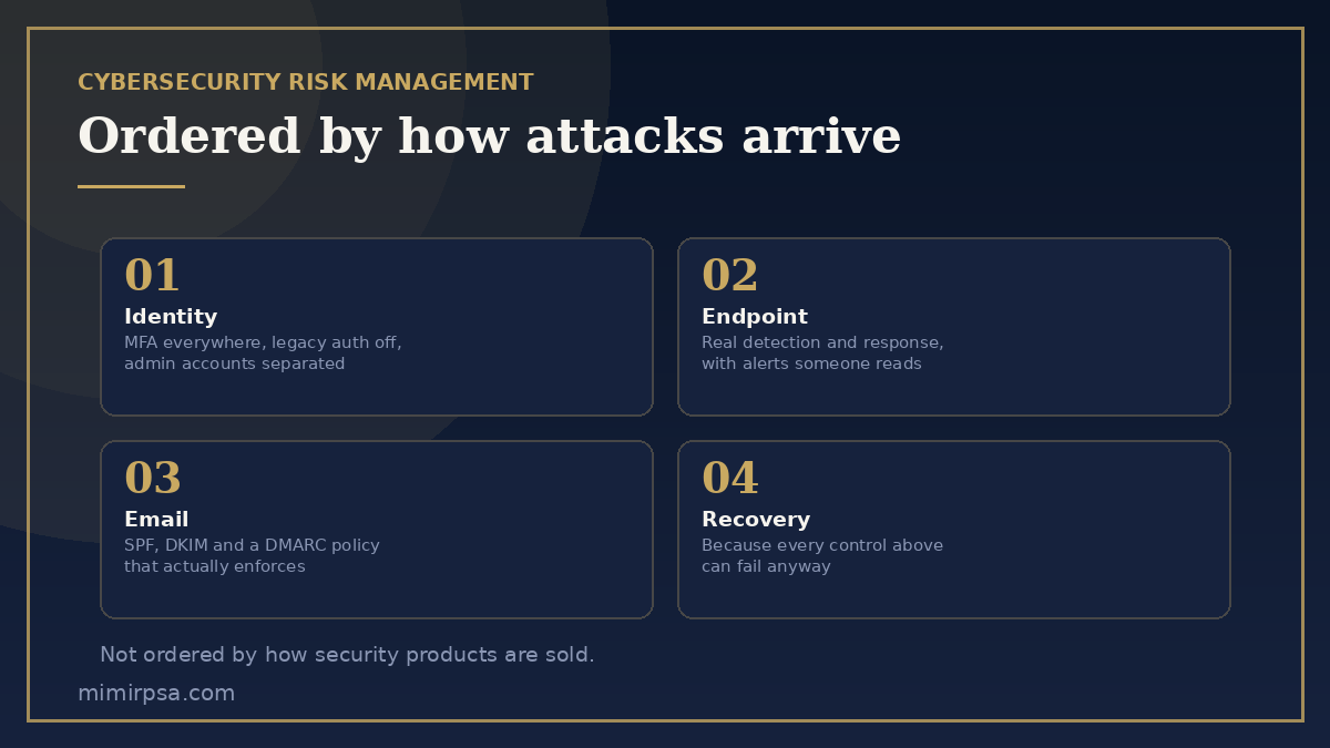 Cybersecurity risk management priorities ordered by real-world attack routes: identity, endpoint, email and data recovery